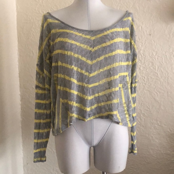 BCBG Generation Light Gray Yellow Sheer Slouchy Striped Openwork Sweater - Picture 1 of 9